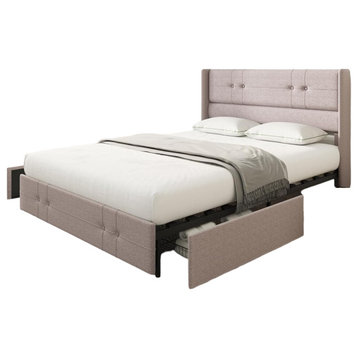 Modern Platform Bed, Slatted Support With 4 Wheeled Storage Drawers, Beige/Full