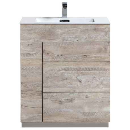 Milano 30" High Glossy Bathroom Vanity, High Gloss White, Nature Wood