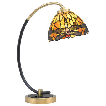 1-Light Desk Lamp, Matte Black/New Age Brass, 7" Amber Dragonfly Art Glass
