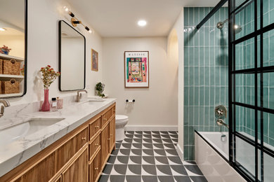 Example of a large transitional master mosaic tile floor and double-sink bathroom design in Chicago with shaker cabinets, brown cabinets, white walls, white countertops, a niche and a freestanding vanity