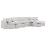 Meridian Furniture - Indulge Upholstered Modular L-Shaped Sectional, Cream, 5-Piece: 2 Armless Chair, 2 Corner Chair, 1 Ottoman, Down Stuffed Velvet - Experience ultimate comfort and style with our cream velvet Indulge Sectional. The luxurious velvet will elevate the aesthetic of any room. This sofa provides ample space for you to relax while its modular build offers the option of unlimited configurations. Whether you're looking to add a stylish element to your living room or a comfortable seating option to your bedroom, this sofa is the perfect choice.