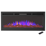 TRADEMARK GLOBAL - 50" Front Vent, Wall Mount or Recessed Fireplace, Black - Add a spark of style to any room in your home with this sleek 50-inch Electric Fireplace by Northwest. With 3 ambiance-enhancing LED flame color options (orange, blue, orange/blue mixed), 5 brightness settings from a soft ember glow to full blazing, and 3 media options included (faux logs, crystals, and pebbles), this electric fireplace can instantly transform the mood of your living space. Designed with front heating vents and the choice to hard wire or plug in, this versatile unit can be wall mounted or recessed into the wall using the provided easy to follow instructions and hardware. Along with a handy remote control that is conveniently pre-installed with a replaceable CR2025 lithium battery, this slim framed fireplace features a touch screen for easy digital function control including temperature, flame color, and timer settings. With heat or no heat options, you can enjoy this elegantly designed fireplace year-round and add the ideal touch of modern style and comfort to your home.