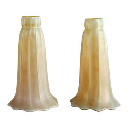 Pair of American Quezal White and Gold Lily Glass Lamp Shades - Lighting Globes And Shades