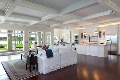 Large elegant open concept living room photo in Orlando with yellow walls