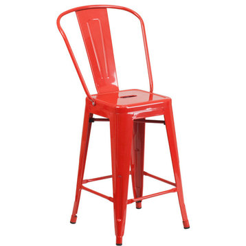 24" High Red Metal Indoor-Outdoor Counter H Stool With Back