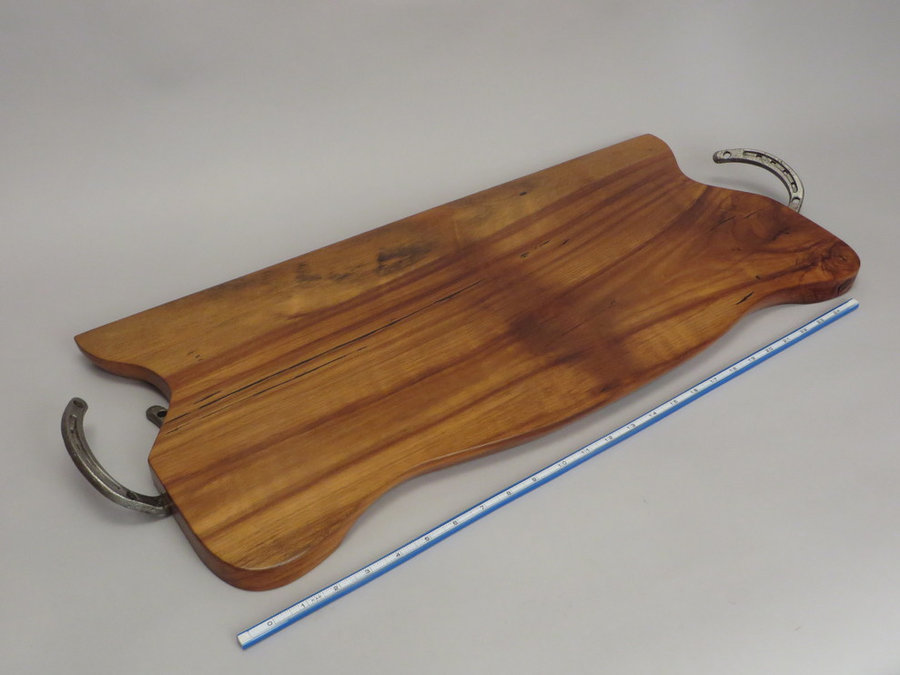 #15047 Hand-Carved Serving Tray. Reclaimed Beech & Horseshoe Handles