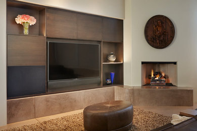 Inspiration for a mid-sized contemporary open concept concrete floor home theater remodel in Phoenix with a wall-mounted tv