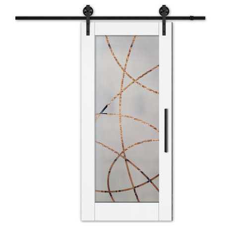 Modern Sliding Barn Door With Frosted Glass Insert + Hardware, 30"x84", Left