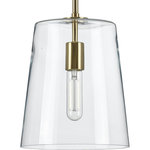 Progress Lighting - Clarion Collection Satin Brass 1-Light Small Pendant - Who says you have to sacrifice forms for function? This versatile pendant features a simple, clear glass shade that embraces minimalist modernity and functional task lighting. The glass shade rests at the end of a sleek satin brass bar that attaches to the ceiling. Each light fixture has a swivel at its base that makes it perfect for installing on flat or angled ceilings.