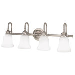 Hudson Valley Lighting - Plymouth 4-Light Bath and Vanity, Satin Nickel - Looped arms hold frosted opal bells in the classically styled Plymouth collection. Hexagonal detail work on the cast socket holders adds appealing contrast to the collection's smooth lines. The shapely design shows vintage inspiration, while appearing perpetually fresh.