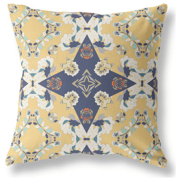 16" X 16" Yellow And Blue Broadcloth Floral Throw Pillow
