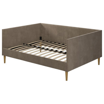 Full Daybed, Tapered Legs With Velvet Upholstered Headboard & footboard, Tan