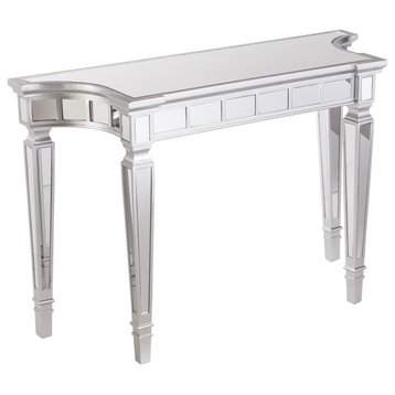Console Table, Mirrored Design With Beveled & Scalloped Accents, Matte Silver