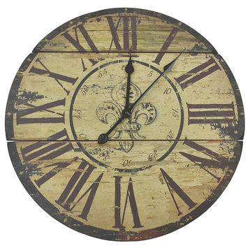 Lulu Decor, Fleur-de-Lis Rustic Round Wood Wall Clock, 23.5”