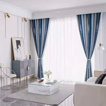 QYFL223A On Sales Petrel Blue Grey Stripe Chenille Custom Made Curtains