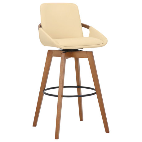 Baylor Swivel Wood Stool, Faux Leather, Cream/Walnut, 30" Bar Height