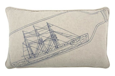 Scrimshaw Ship in Bottle Embroidered Flax Pillow