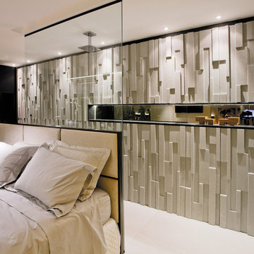 Modern bedroom with cement wall panels
