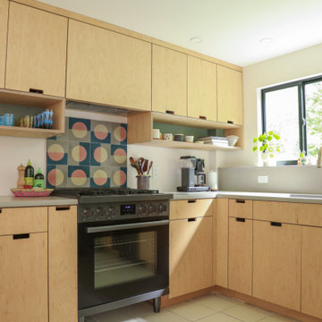 Cement Tile Backsplash in Plywood Kitchen