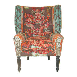 Classic Wing Wing Back Chair Upholstered in Dragon Motif Linen - Products