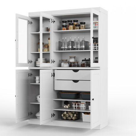 100% Solid Wood 48.5" Kitchen Pantry with Glass/Solid Doors, 2-Drawers, White