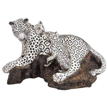Leopard Mother and Two Cubs Silver Plated Sculpture 8026