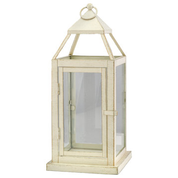Serene Spaces Living Antique White Metal Lantern With Glass Panels, Small