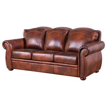 Bowery Hill Traditional Geuine Leather Sofa in Marco Brown Finish