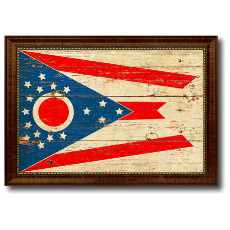 Ohio State Flag State Vintage Flag Print With Brown Gold Frame, 19"X27"