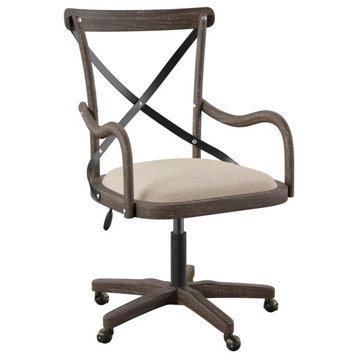 Rustic Office Chair, Wooden Frame With Cushioned Seat & X-Shaped Metal Backrest