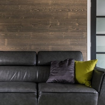 Woodbox Factory Umber Peel and Stick Wood Wall Covering - Living Room Wall