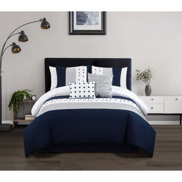 Chic Home Lainy ComforterSet Color Block Pleated -Decorative Pillows Shams -Navy