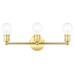 Livex Lighting - Polished Brass Contemporary Vanity Sconce - Clean lines and exposed bulb sockets make the Lansdale collection perfect for your mid-mod or transitional bath. The eclectic look is perfect for spaces wanting an urban, minimalistic or industrial touch. With superb craftsmanship and affordable price, this polished brass three-light vanity sconce is sure to tastefully indulge your extravagant side.