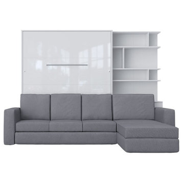 INVENTO Vertical Wall Bed with Sofa and Bookcase, Bed - White/White; Sofa - Grey