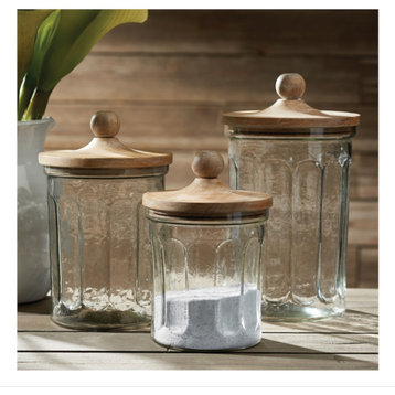 Vintage Style Clear Seeded Glass Canisters Set 3 Decorative Jars Wood Lids