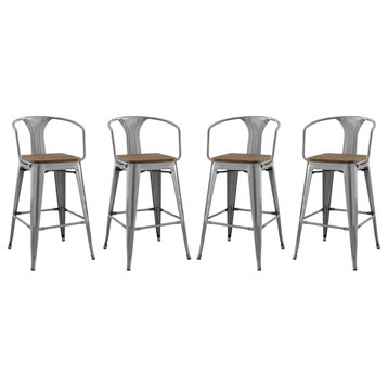 Bar Stool Chair Barstool, Set of 4, Wood, Gunmetal Silver, Bar Pub Cafe Bistro