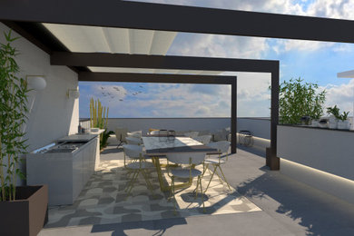 Idee per una terrazza moderna di medie dimensioni, sul tetto e sul tetto con una pergola e parapetto in materiali misti