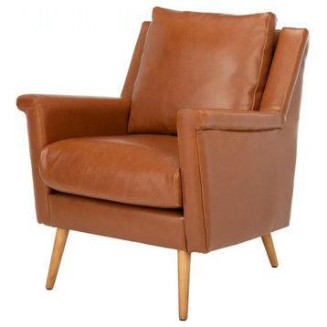 Contemporary Accent Chair, Oak Wood Frame and Straight Legs, Cognac Faux Leather