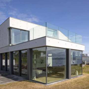 Exterior view shows the home's Scandinavian influences