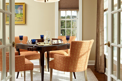 Inspiration for a mid-sized timeless open concept light wood floor family room remodel in Boston with beige walls and no fireplace