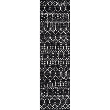 Moroccan HYPE Boho Vintage Diamond Runner Rug, Black/Ivory, 2 X 8