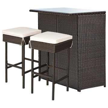Costway 3PCS Rattan Wicker Bar Set Patio Outdoor Table & 2 Stools Furniture
