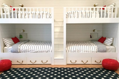 Inspiration for a country kids' bedroom in Chicago with white walls and light hardwood floors.