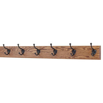 Solid Oak Wall Coat Rack, Bronze Hooks, Chestnut, 30.5"x3.5", 6-Hooks