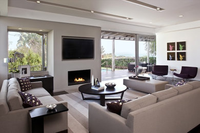 This is an example of a contemporary formal living room in Los Angeles with a ribbon fireplace.