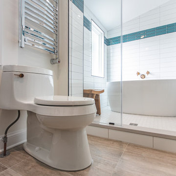 Bathroom remodeling in Arlington, VA with double vanity & corner bathtub