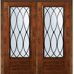 Prehung Double Door 80 Alder La Salle 1 Panel 3/4 Lite Wrought Iron - Front Doors