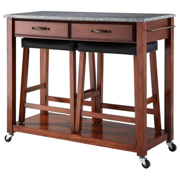 Solid Granite Top Kitchen Cart, Classic Cherry, 24" Upholstered Saddle Stools