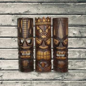 20 Inch Carved Wood Tiki God Masks Tropical Beach Hawaiian Home Decor Set of 3