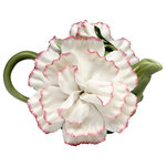 Cosmos Gifts Corp - Carnation Teapot, 8 oz. - The Carnation Teapot makes an elegant addition to a tea party. This hand-painted green ceramic teapot features stunning white carnation decorations with stained pink edges. Holds 8 ounces. Hand wash only.